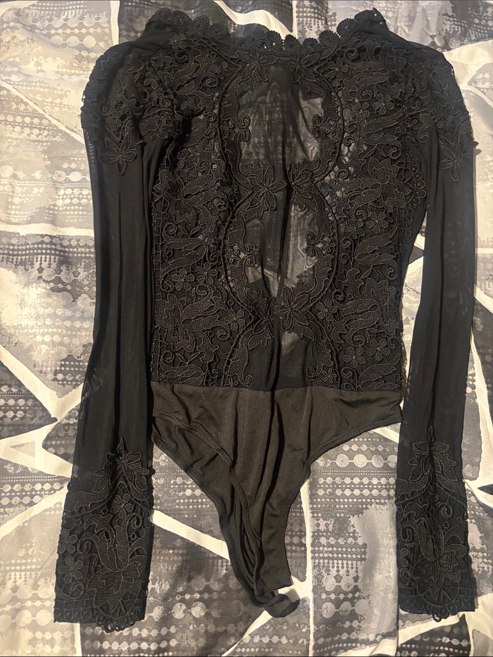 Black Lace Sheer Long-Sleeve Bodysuit - Women's Top